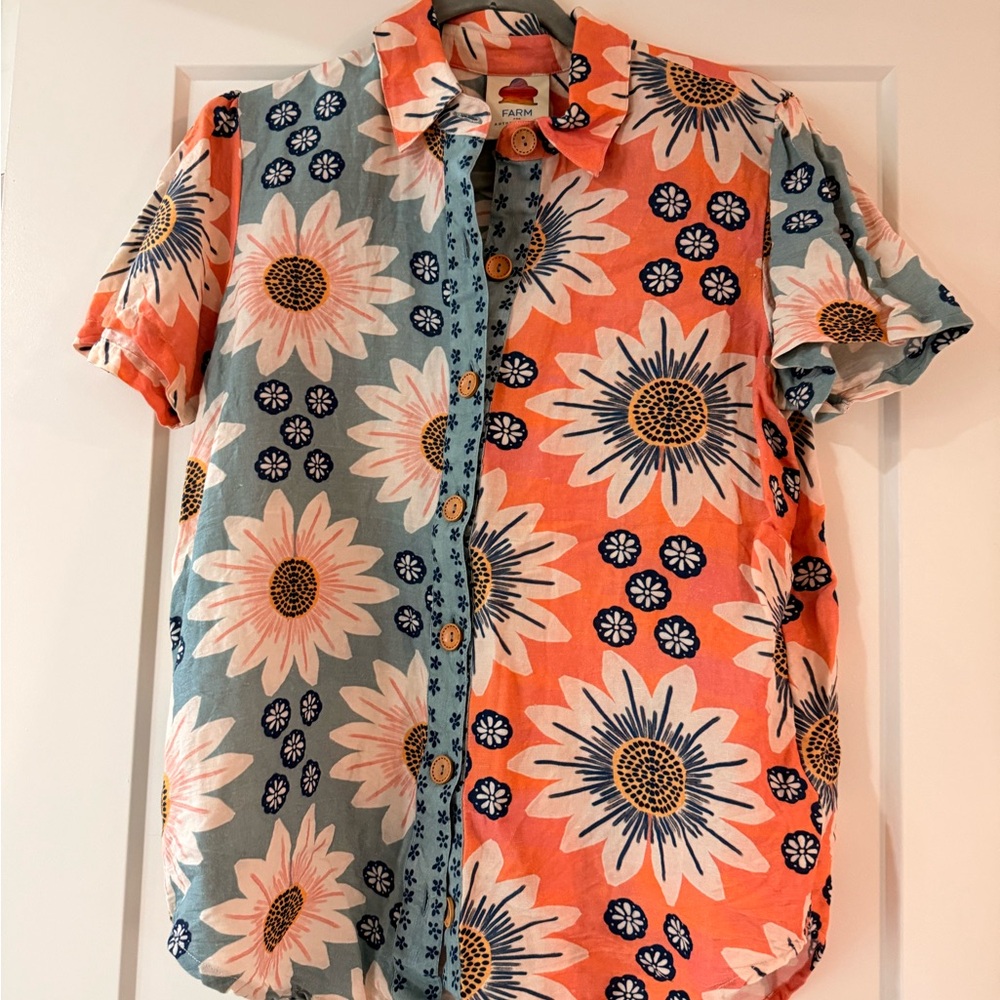 FARM Rio Orange and Blue Floral Button Down Shirt